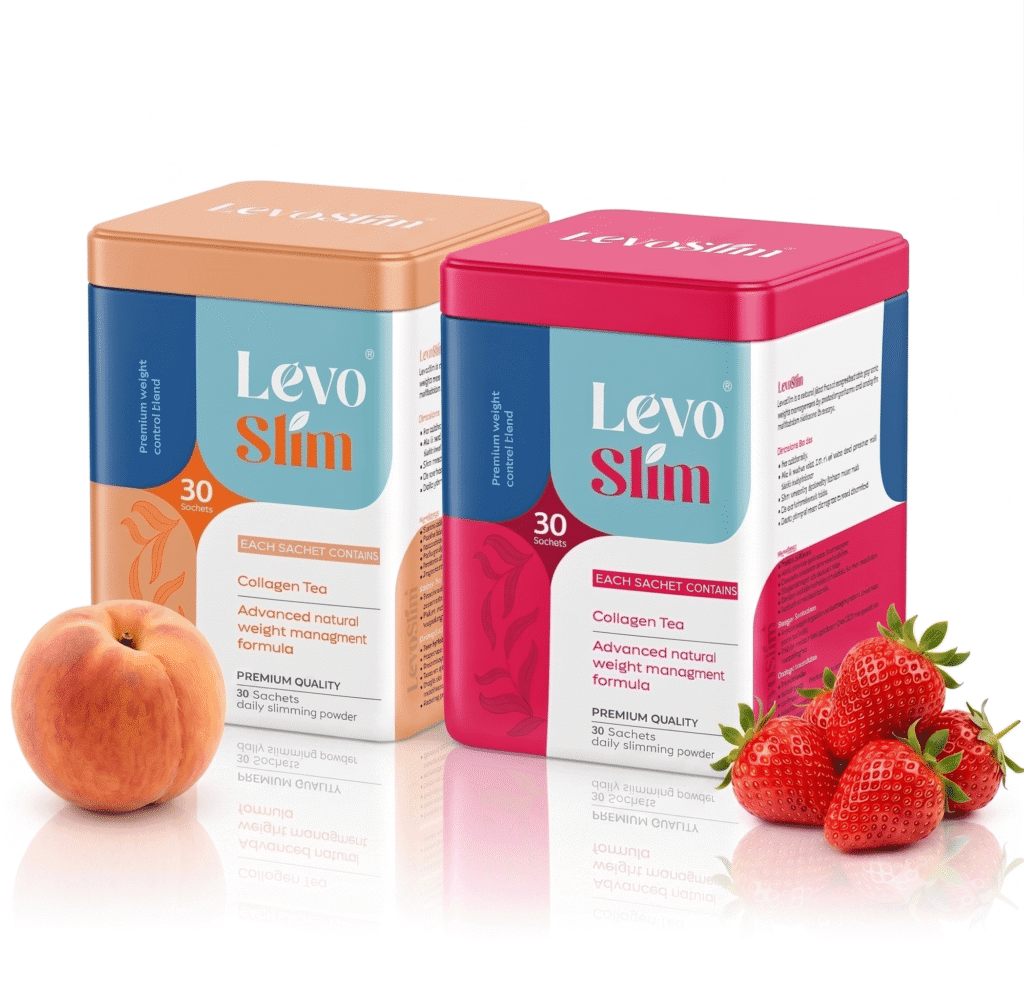 LevoSlim natural weight loss supplement bottles in Peach and Strawberry flavors